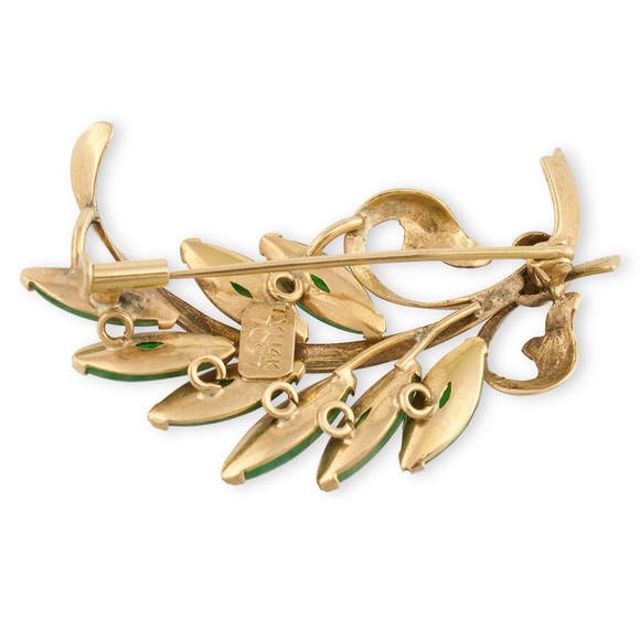 Vintage 14K Gold Jade Brooch Pin by T.Y. Lee Floral Fern Mid-Century - Picture 4 of 5